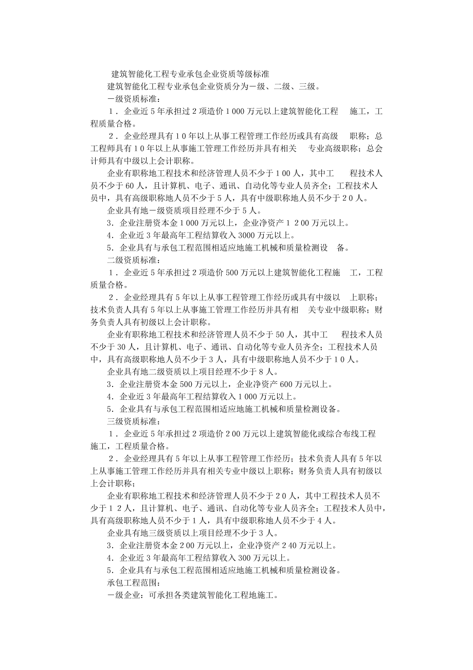建筑智能化工程專業(yè)承包企業(yè)資質(zhì)等級標準